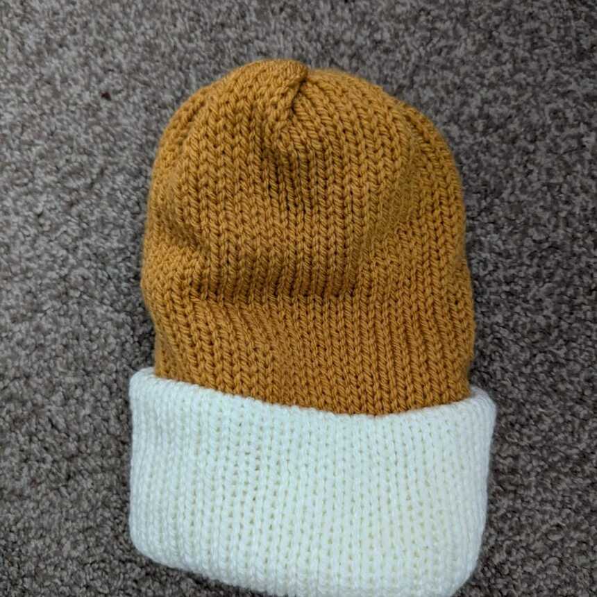 Mustard & White handmade beanie